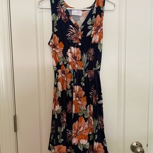French Grey Navy and Floral Sun Dress - Medium